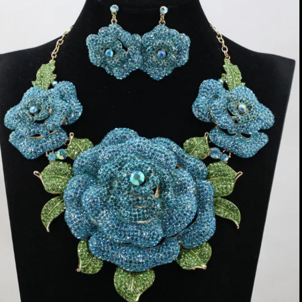 Nwt Majestic Pav Crystals Set, Earrings, Necklace . Blue & Green